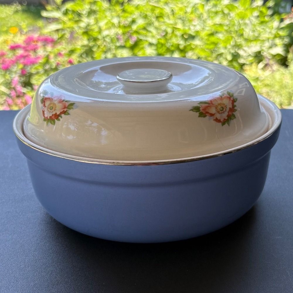 Vintage Hall China Wild Rose Blue Casserole Dish with Lid Made in USA MCM Floral